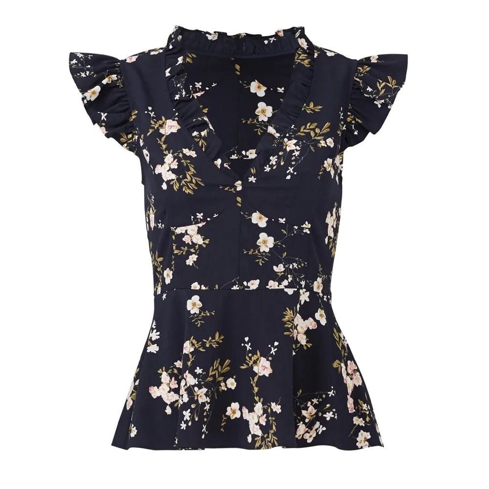 Tome NYC Lilian Navy Floral Flutter Sleeve V Neck Top Blouse - Picture 10 of 10
